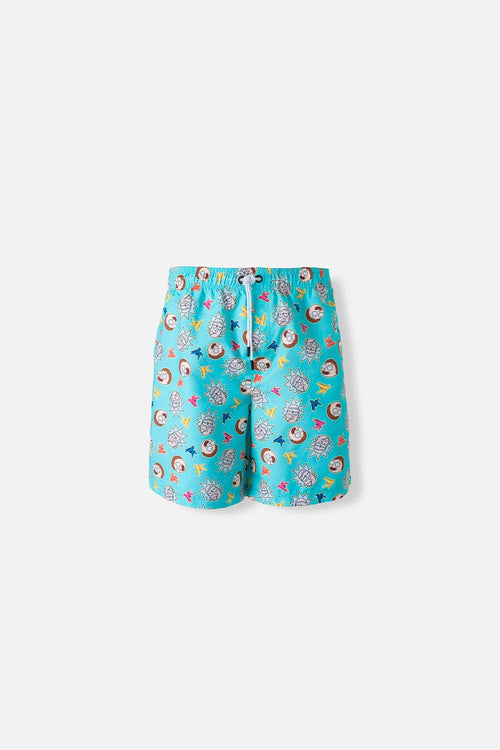 Card slide image -  BERMUDA DE BAÑO DE RICK Y MORTY ESTAMPADA AGUA MARINA PARA HOMBRE