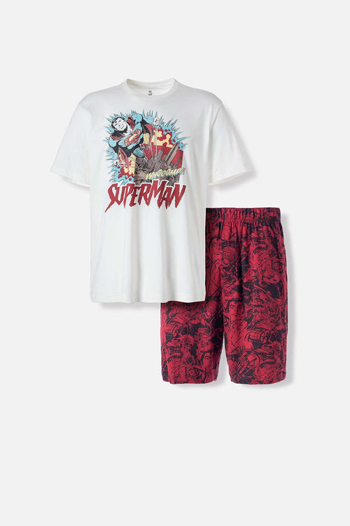 Card slide image -  PIJAMA DE SUPERMAN DE PANTALÓN CORTO GRIS Y ROJO PARA HOMBRE